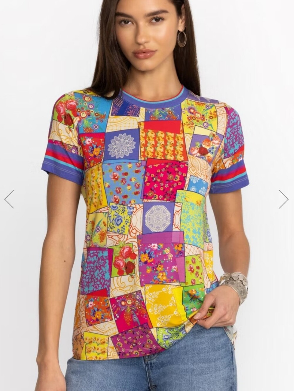 Johnny Was The Janie Favorite Short Sleeve Crew Neck Tee Patchwork Multicolor L